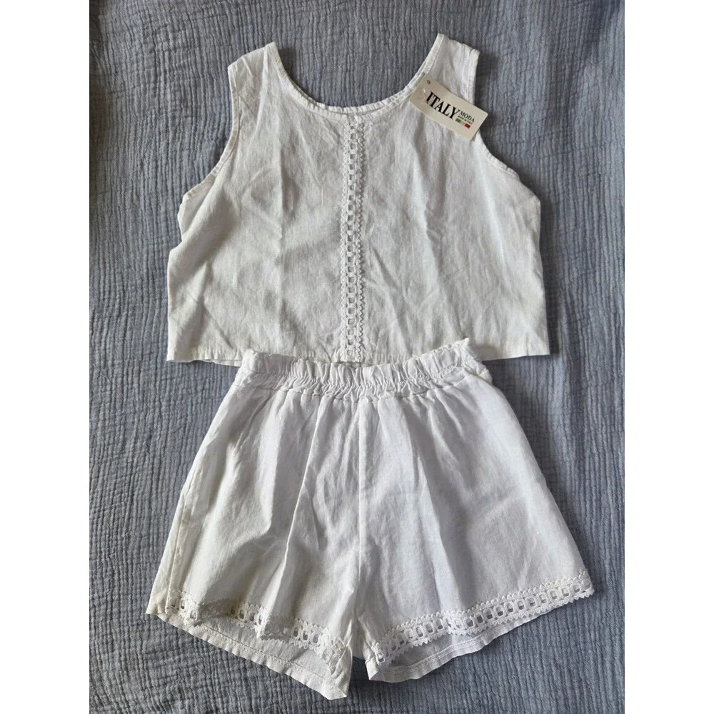 NWTs White Cotton Matching Shorts & Top Set Made In Italy Size 12-14 (Youth)